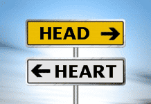 Head sign pointing to the right and heart sign pointing to the left